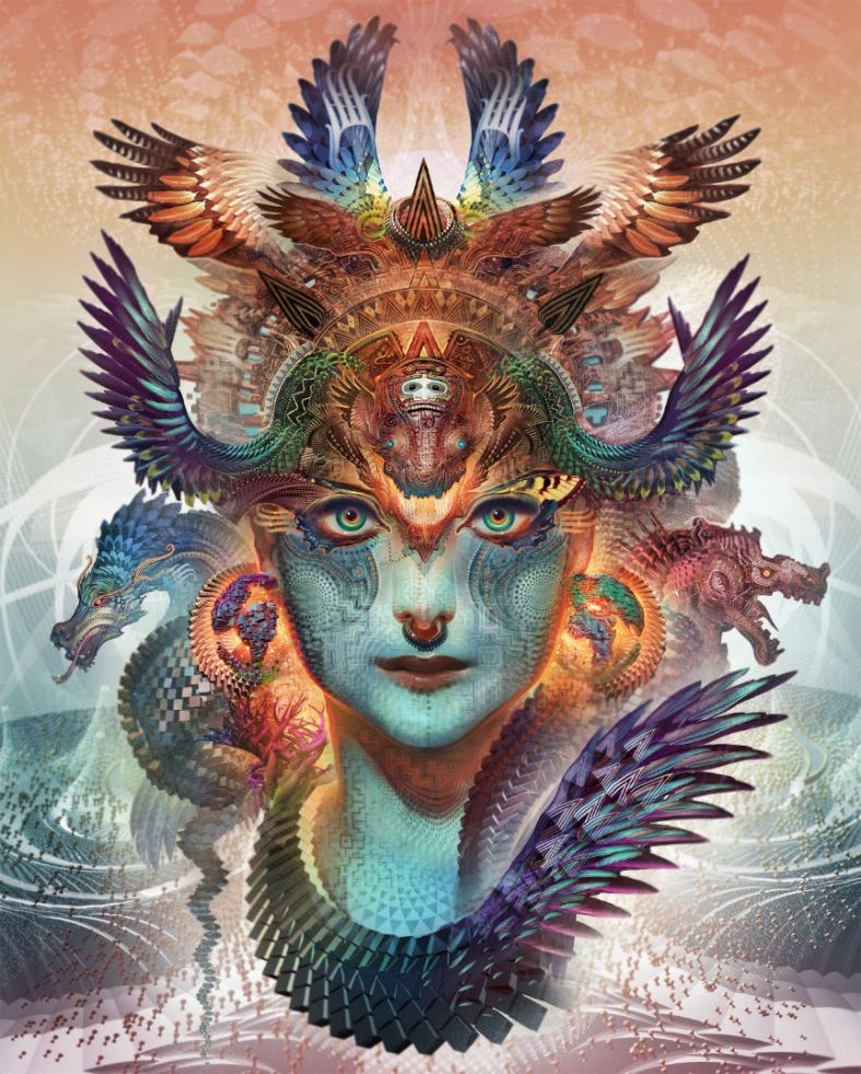 Photo de Dharma Dragon d’Android Jones, dans une installation numérique dynamique, LIB Festival, mai 2015. © Android Jones – www.androidjones.com.